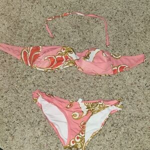 J. Crew Pink and Gold Patterned Bandeau Bikini